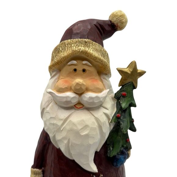 Rustic 12” Santa Figurine Brown Coat Holding Tree Village Scene Christmas Decor - Picture 2 of 9